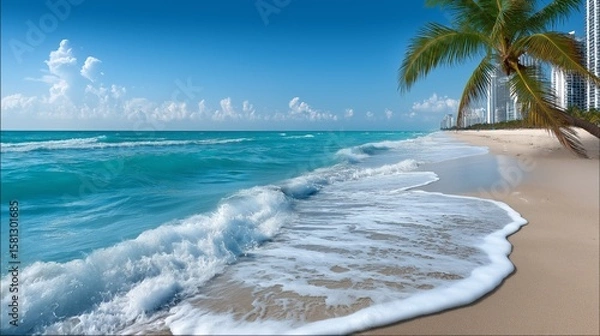 Fototapeta Tropical beach with blue ocean waves and palm trees near coastal buildings creating a luxurious sunny vacation paradise, Generative AI