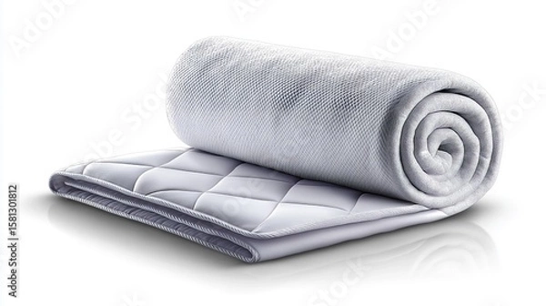 Fototapeta Rolled white mattress topper pad showing quilted texture and soft comfort layer for bedding and home furnishing, Generative AI