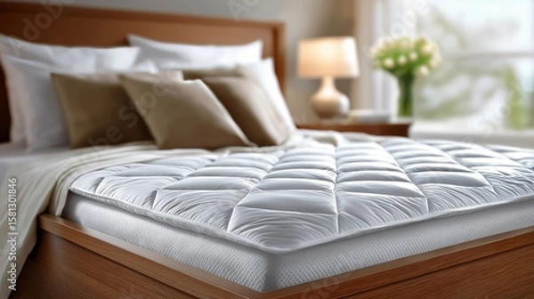 Fototapeta Modern cozy bedroom with soft white bedding and wooden bed frame providing a clean and comfortable home interior, Generative AI