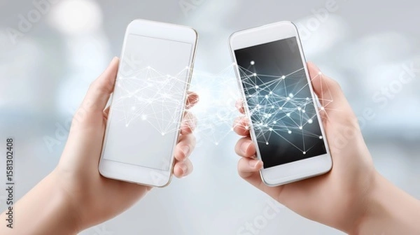 Fototapeta Two smartphones connecting via abstract digital network signals representing wireless data exchange and seamless smart communication, Generative AI