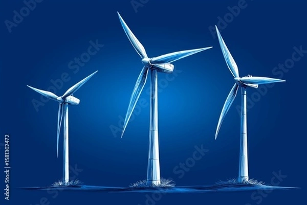 Fototapeta Hand drawn blue sketch of wind turbines generating clean energy representing sustainability and renewable electricity source, Generative AI