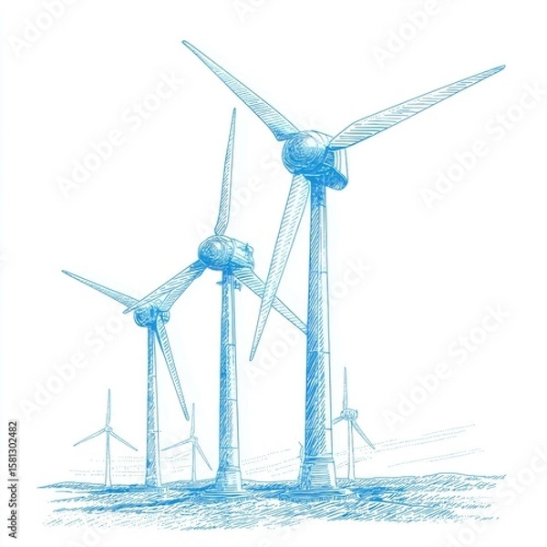 Fototapeta Hand drawn blue sketch of wind turbines generating clean energy representing sustainability and renewable electricity source, Generative AI