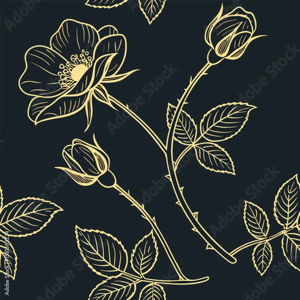 Fototapeta Minimalist gold line art wild rose floral pattern design for elegant backgrounds
