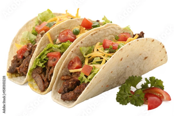 Obraz Three beef tacos with fresh toppings on flour tortillas isolated on transparent background.. Ideal for concepts of Mexican cuisine, food photography, and culinary arts