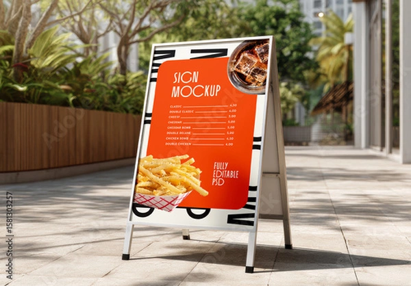 Fototapeta Outdoor A-Frame Menu Sign Mockup with Fries