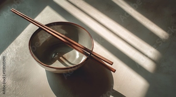 Fototapeta Serene Dining Scene with Chopsticks Resting on Bowl of Food in Soft Sunlight on Minimal Table Setting