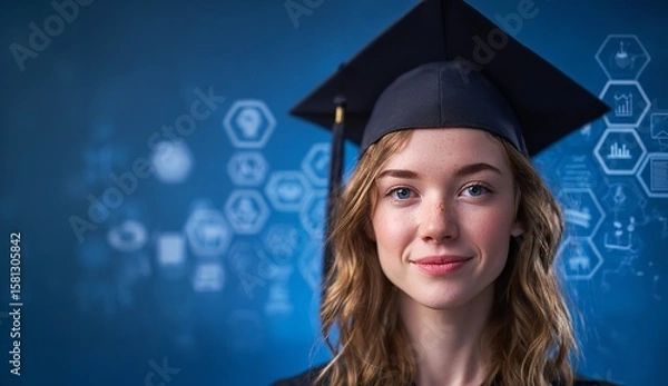 Fototapeta College Graduate in Cap and Gown with Blue Gradient Background Featuring Academic Icons of Business and Technology