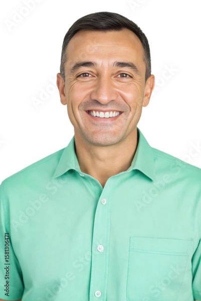 Fototapeta A smiling middle-aged man with short dark hair and a light green shirt looks directly at the camera in a studio portrait.