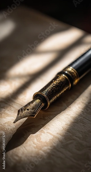 Fototapeta Elegant Gold-Trimmed Fountain Pen Resting on Classic Beige Paper with Soft Light and Shadow Stripes