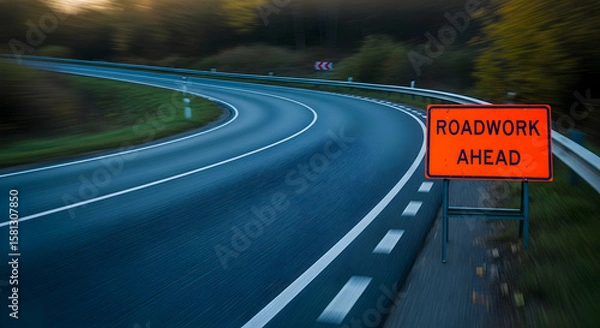 Fototapeta Navigating Roadwork: A Winding Road Ahead with an Orange Warning Signage for Safety