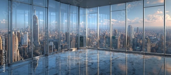 Fototapeta Empty Modern Office Interior with Floor-to-Ceiling Windows and Panoramic View of New York City Skyline