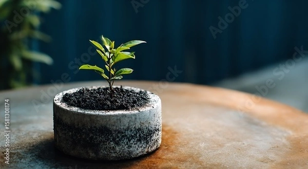 Fototapeta Seedling Emerging from Soil in Ring-Shaped Wooden Pot on Open Book, Soft Natural Light and Blurred Background