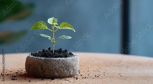 Fototapeta Seedling Emerging from Soil in Ring-Shaped Wooden Pot on Open Book, Soft Natural Light and Blurred Background