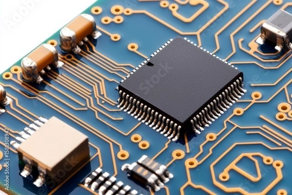 Fototapeta Detailed closeup of electronic circuit board with black microchip and orange printed wiring