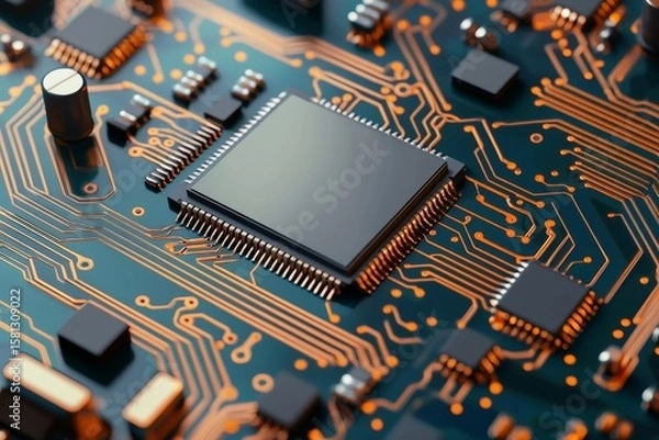 Fototapeta Futuristic computer motherboard with central processor and illuminated orange circuitry paths
