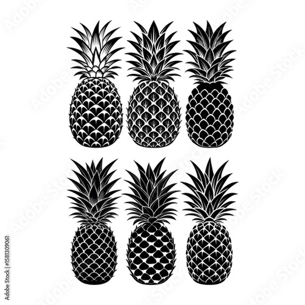 Fototapeta Six stylized black silhouette pineapples arranged in two rows on a white background