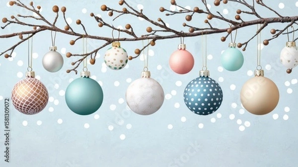 Fototapeta Decorative ornaments hang from a branch against a light blue background with bokeh lights.