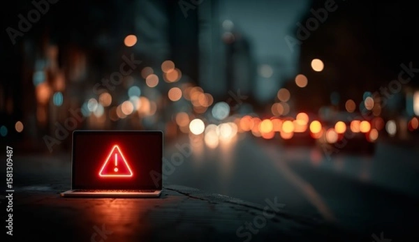 Fototapeta Red Warning Sign on Laptop Display Amid City Night Lights Representing Online Data Security Threat