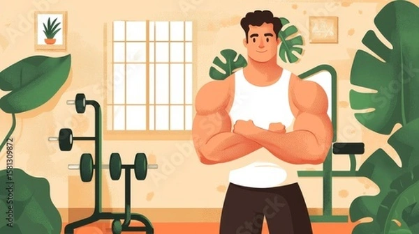 Fototapeta Muscular man flexing in a bright gym with plants and weights.