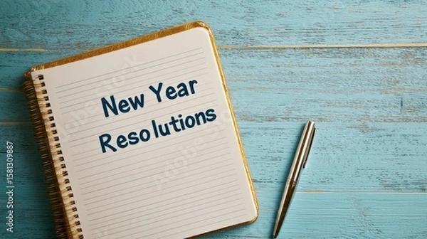 Fototapeta Notebook lists new year resolutions next to a pen on a blue wooden desk.