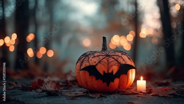Fototapeta Halloween Pumpkin with Bat Wings and Spider Web Design, Lit Candle Glowing in Front, Blurred Forest Background
