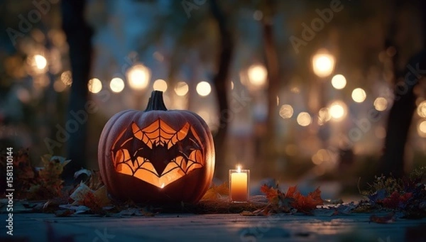 Fototapeta Halloween Pumpkin with Bat Wings and Spider Web Design, Lit Candle Glowing in Front, Blurred Forest Background