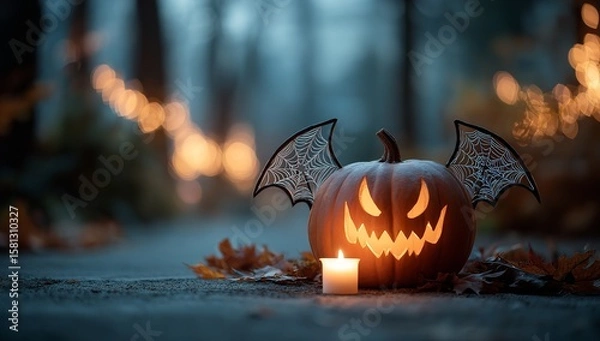 Fototapeta Halloween Pumpkin with Bat Wings and Spider Web Design, Lit Candle Glowing in Front, Blurred Forest Background