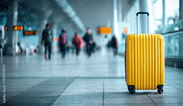 Fototapeta Yellow Suitcase in Foreground at Busy Airport Terminal with Blurred Travelers and Windows in Background