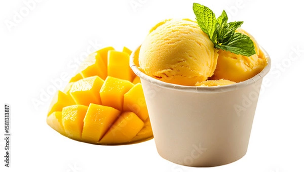 Fototapeta A bowl of ice cream with a green leaf on top