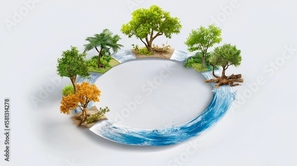 Fototapeta Circular flow of seasons with different trees and water stream representing ecosystem and environmental change, Generative AI