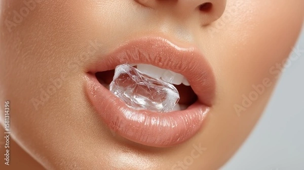 Fototapeta Close-up of glossy lips touching an ice cube symbolizing cold sensation and purity with delicate skin details, Generative AI