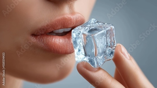 Fototapeta Close-up of glossy lips touching an ice cube symbolizing cold sensation and purity with delicate skin details, Generative AI