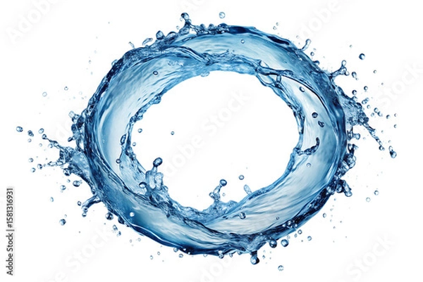 Fototapeta Dynamic blue water splash forming a circular vortex with droplets on black isolated on a transparent background