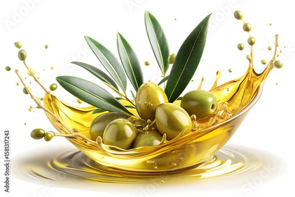 Fototapeta Green olives and leaves in a golden olive oil splash isolated on a transparent background image