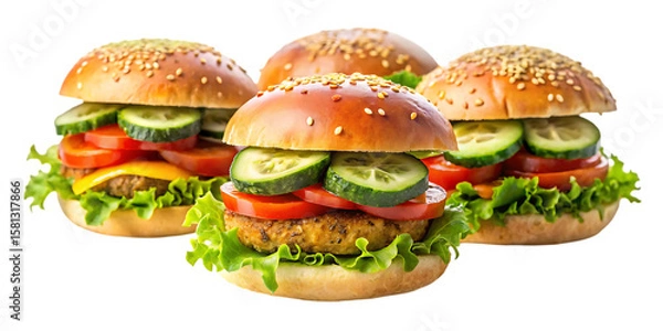 Fototapeta Three delicious vegetarian burgers with fresh lettuce tomato and cucumber slices on sesame seed buns isolated on a transparent background