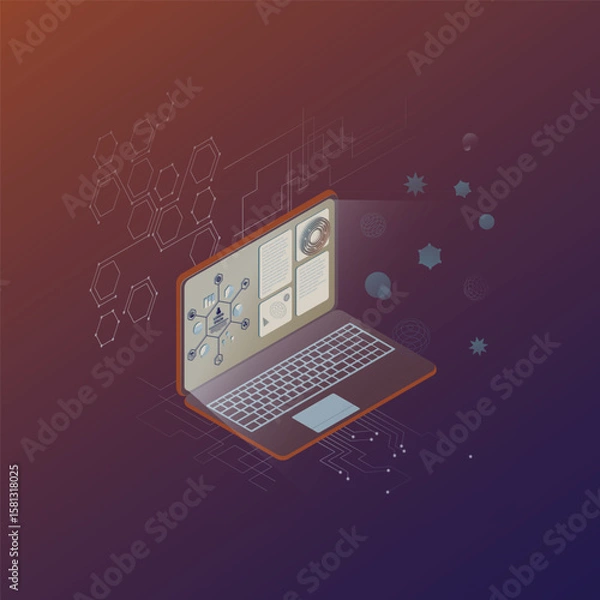Fototapeta Isometric Laptop with Abstract Gradient HUD – Multicolor Futuristic Interface Vector