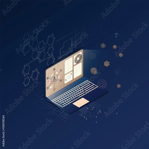 Fototapeta Isometric Laptop with UI and HUD – Blue and Brown Tones Vector Illustration