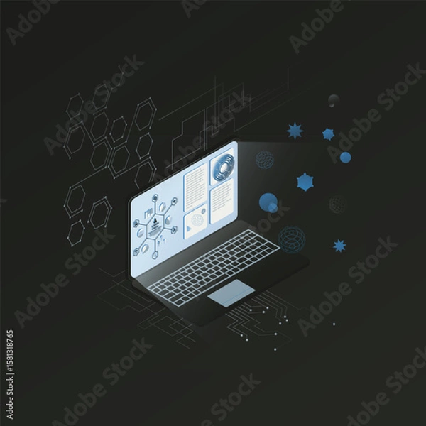 Fototapeta Isometric Laptop with Futuristic HUD – Monochrome Grey and Blue Interface Vector