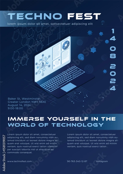Fototapeta Isometric Tech Event Poster with Laptop and Futuristic Interface – Vector Illustration. EPS