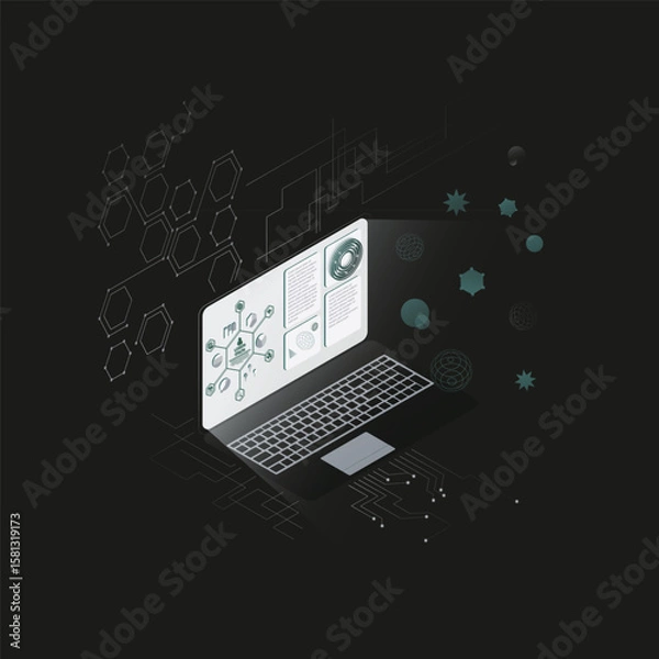 Fototapeta Isometric Laptop with Minimal HUD – Black and White Vector with Green Accents
