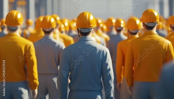 Fototapeta Workers Wearing Helmets In Factory: Back View Of Group, Shift Change, Employees In Uniform And Safety Gear For Industrial Facility.