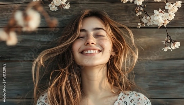 Fototapeta Joyful Young Woman Smiling And Delighting In Front Of A Wooden Wall On A Bright Spring Day With Beautiful Scenery.