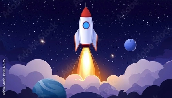 Fototapeta Space Exploration: Rocket Launches Into The Starry Night Sky, Spaceship Journeys To Outer Space On A Mission To Visit Other Planets