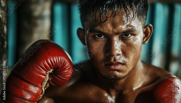 Fototapeta Muay Thai Champion Getting Ready For The Battle: An Insight Into The Training Routine Of A Skilled Fighter Before A Match.