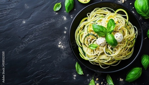 Fototapeta Delicious Vegetarian Pasta Dish: Zucchini And Basil Spaghetti With Creamy Cheese Sauce On Elegant Black Stone Table. Creative Zucchini Noodles Presentation. Ample Space For Customization.