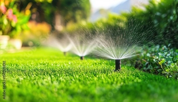 Fototapeta Modern Automatic Sprinkler Irrigation System For Watering Grass And Lawn In Garden, Provided By Professional Garden Service For Beautiful Landscape.