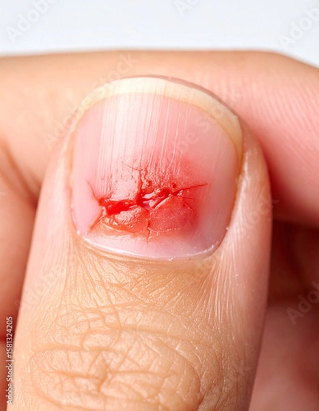 Fototapeta A detailed view of cracked, oozing skin around a nail wound surrounded by redness and swelling.