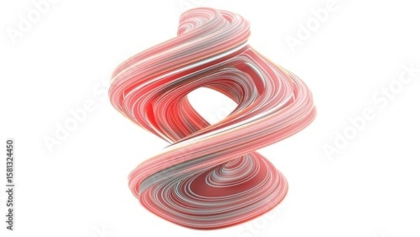 Fototapeta Abstract Twisted Ribbon Shape with Red and White Stripes on White Background . 3D Illustration