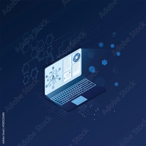 Fototapeta Isometric Laptop with Digital Interface and Futuristic HUD – Blue Vector Illustration
