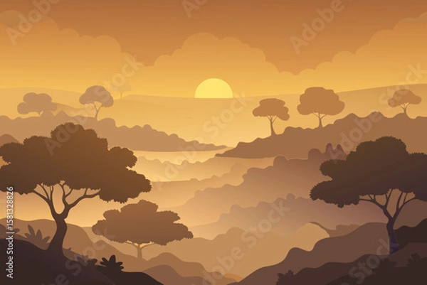 Fototapeta Vibrant desert sunset landscape with silhouetted mountains and trees